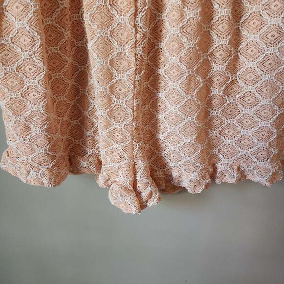 Entro Peach Pink Strappy Tie Back Crochet Lace Ruffle Romper - Picture 5 of 9